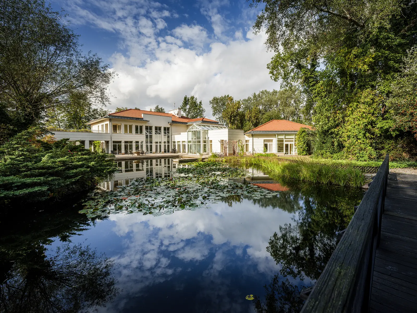 Clinic building beside the pond